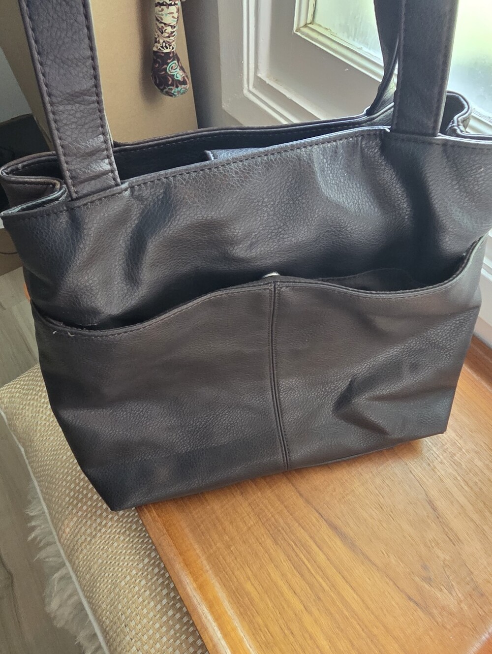 Perry Ellis Dark Brown Leather Purse Multipocket Top Handle Shopping Bag Casual - Picture 2 of 8